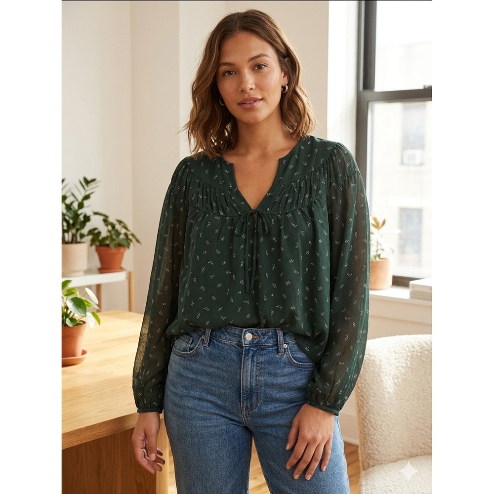 Old Navy Green Floral Tie-Neck Smocked Peasant Blouse Large NWT